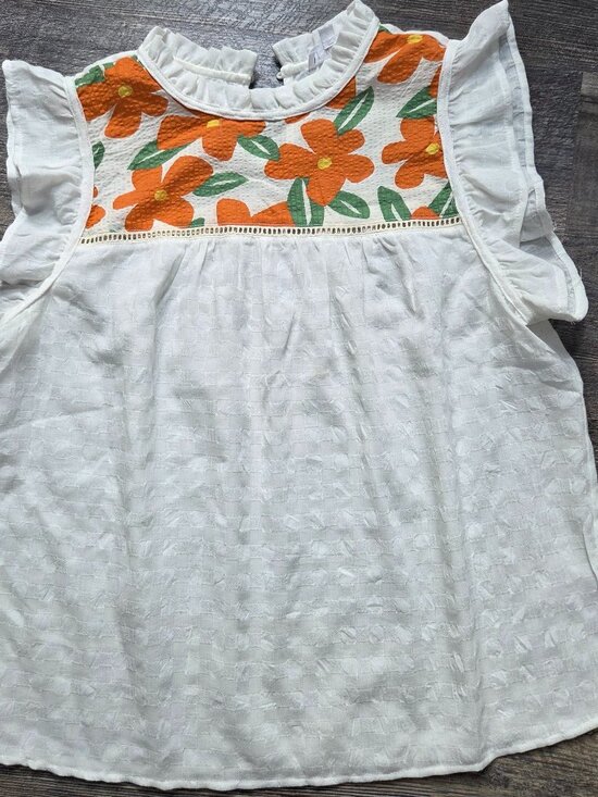 THML Tops - THML White Textured Blouse Orange & Green Yoke Ruffled Flutter Sleeves Sz Med